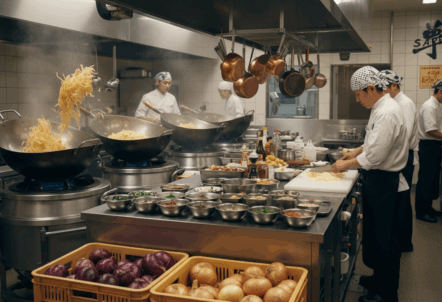 札幌市内の飲食店厨房で業務用北海道産玉ねぎを調理する様子