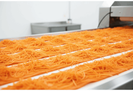 カット野菜工場の衛生的な製造ラインで作業する様子