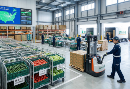 清潔で機能的な業務用野菜物流センターの内部。