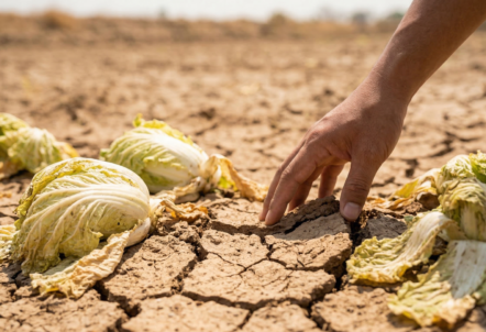 干ばつによる白菜の生育不良と供給不安のイメージ