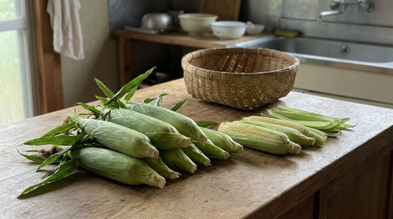 台所の作業台で外側の皮を数枚むいた皮付きヤングコーンとむき取った皮