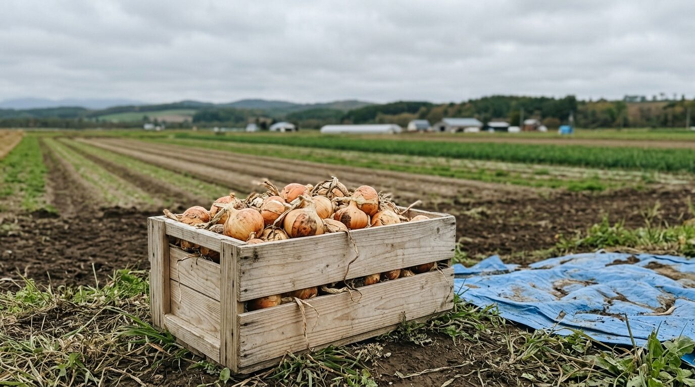 畑の一角に置かれた収穫かごに玉ねぎが入り、奥に畝が続く風景