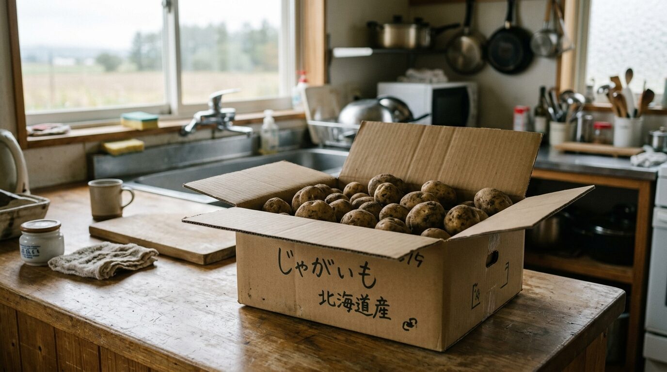 台所の調理台に置かれた段ボール箱の中に並んだじゃがいも