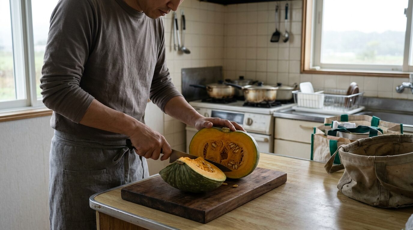 調理台の上で半分に切られ、果肉の断面が見えているかぼちゃ