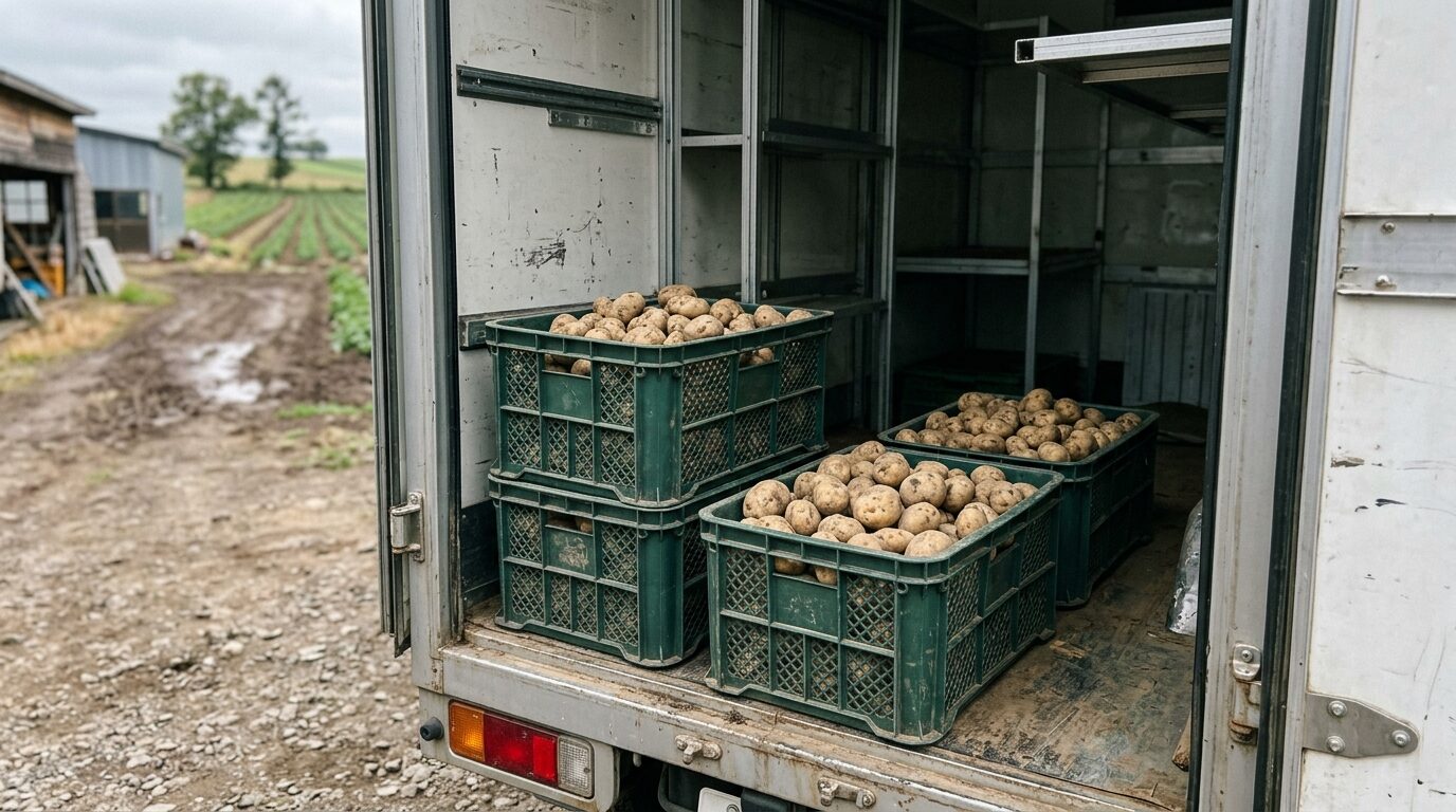移動販売車の後部に積み込まれた野菜の運搬コンテナ