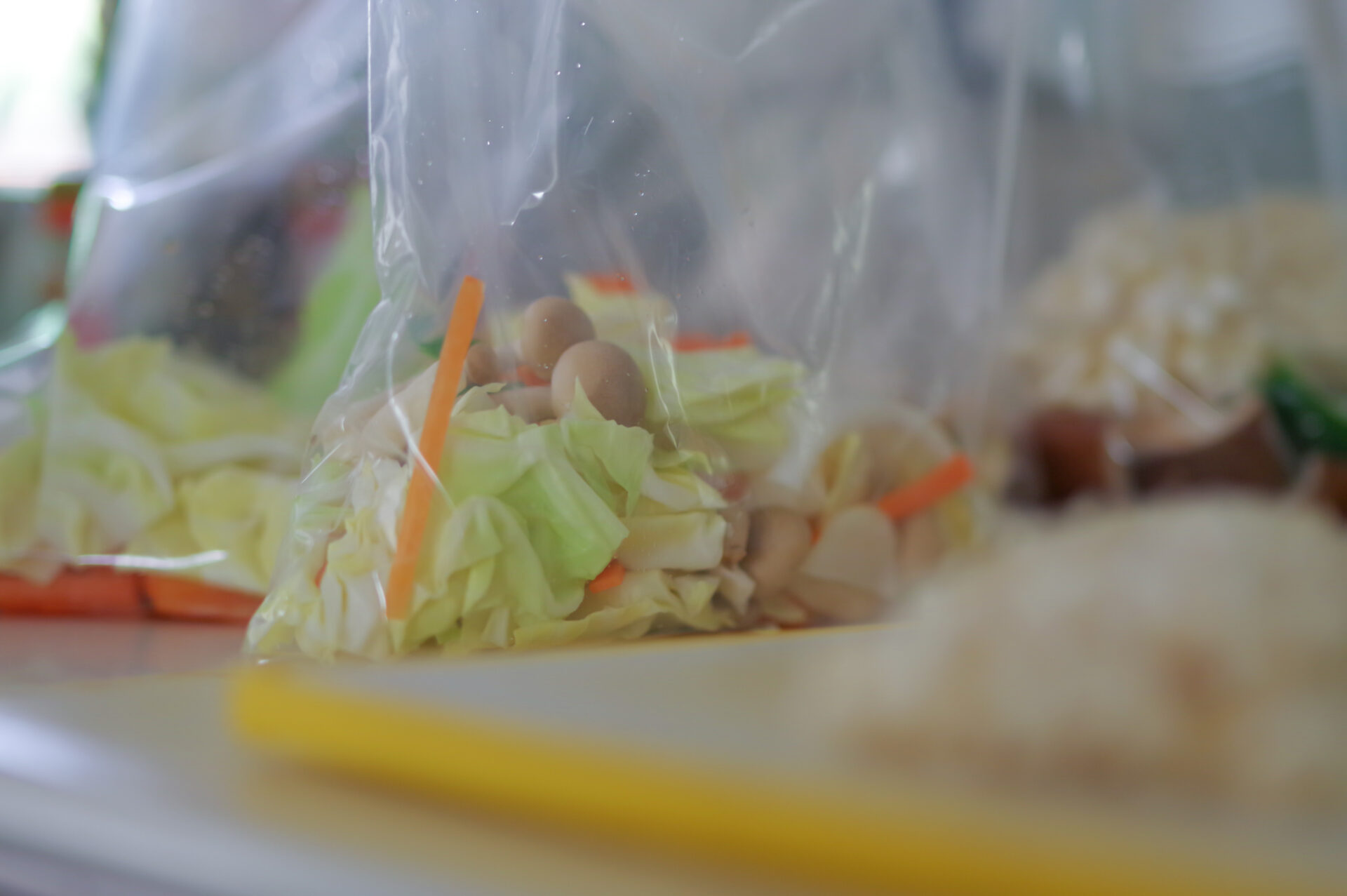 袋詰めされた業務用カット野菜(キャベツ・にんじん・きのこ)