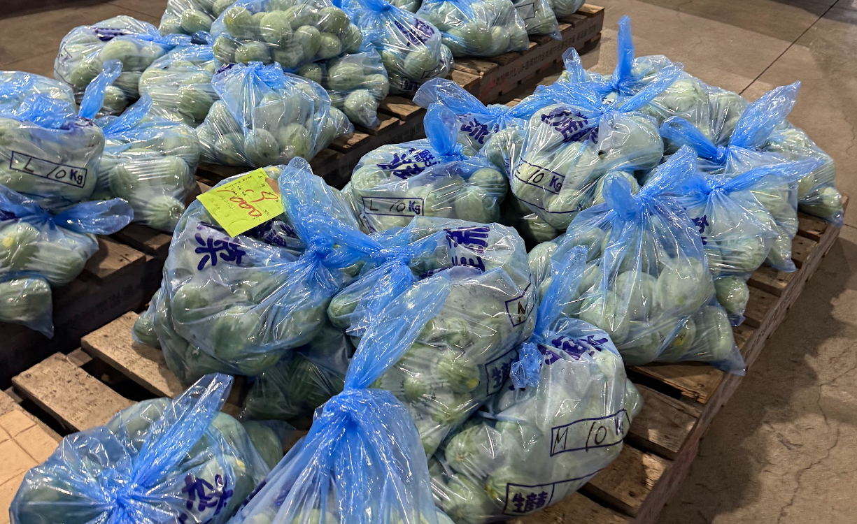 卸売市場に積まれた野菜の袋
